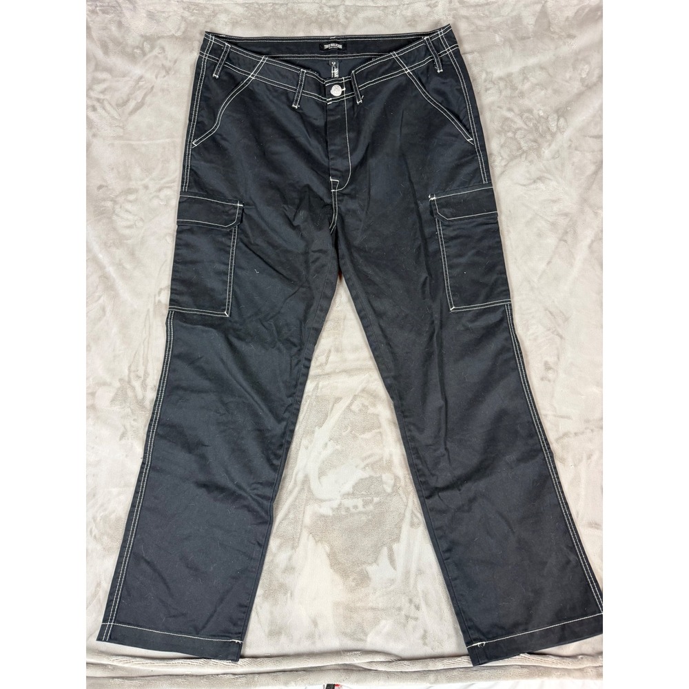 True Religion Mens Black White Contrast Stitch Cargo Pants Size 36 Straight Leg